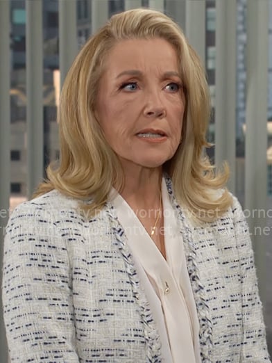Nikki’s blue and white tweed jacket on The Young and the Restless Nikki’s blue and white tweed jacket on The Young and the Restless