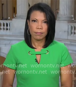 Nikole Killion’s green grommet detail dress on CBS Mornings