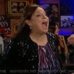 Nina’s printed keyhole top and black sequin bomber jacket on The Young and the Restless Nina’s printed keyhole top and black sequin bomber jacket on The Young and the Restless