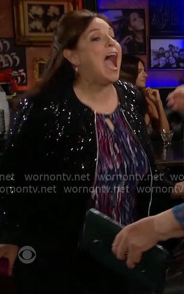 Nina’s printed keyhole top and black sequin bomber jacket on The Young and the Restless Nina’s printed keyhole top and black sequin bomber jacket on The Young and the Restless