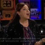 Nina’s printed keyhole top and black sequin bomber jacket on The Young and the Restless Nina’s printed keyhole top and black sequin bomber jacket on The Young and the Restless