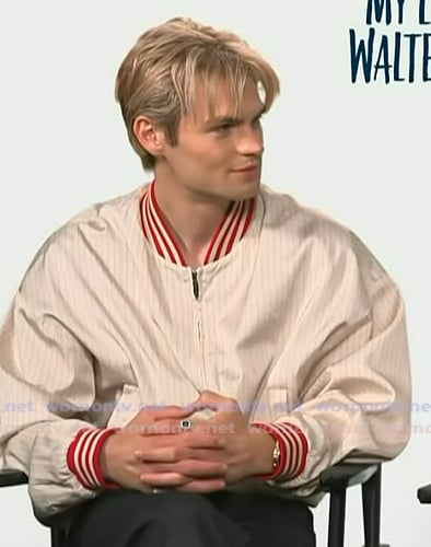 Noah LaLonde’s pinstripe bomber jacket on Access Hollywood Noah LaLonde’s pinstripe bomber jacket on Access Hollywood