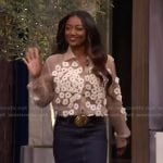 Patina Miller’s floral applique blouse and skirt on Live with Kelly and Mark Patina Miller’s floral applique blouse and skirt on Live with Kelly and Mark