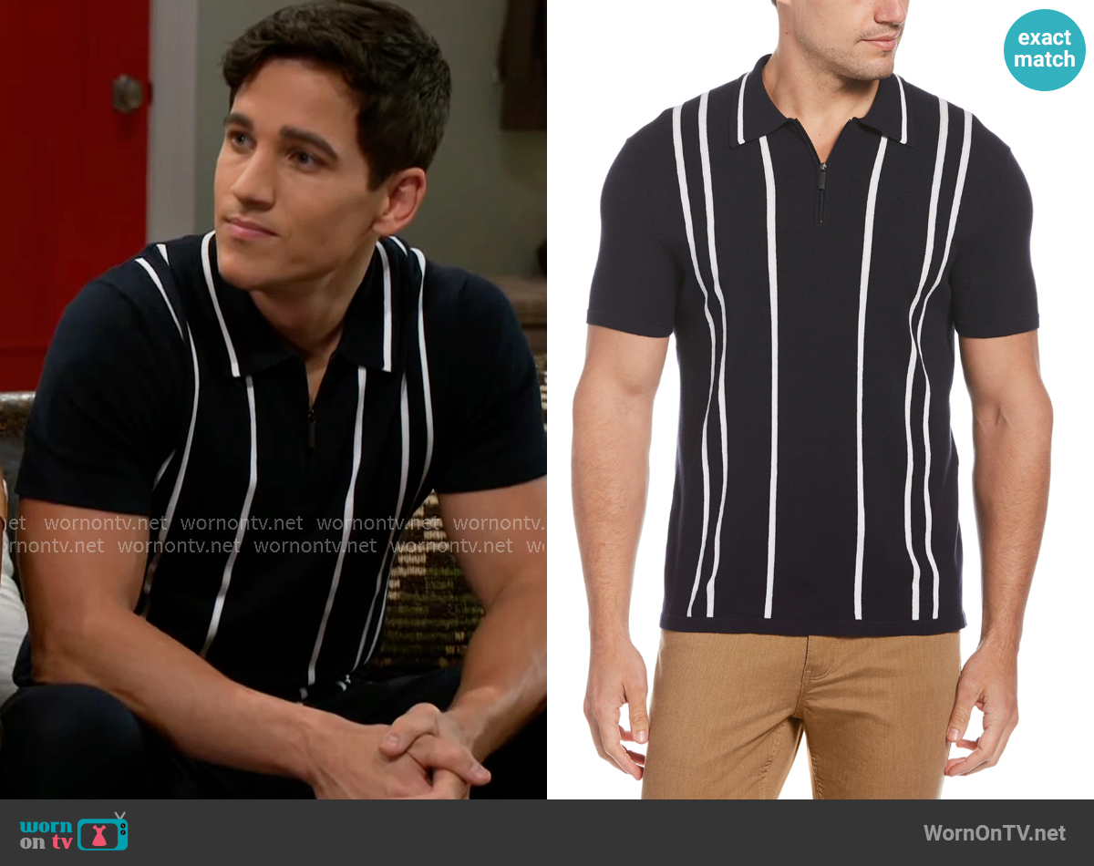Perry Ellis Tech Knit Vertical Stripe Zip Polo worn by Bradley 'Smitty' Smith (Mike Manning) on Beyond the Gates Perry Ellis Tech Knit Vertical Stripe Zip Polo worn by Bradley 'Smitty' Smith (Mike Manning) on Beyond the Gates