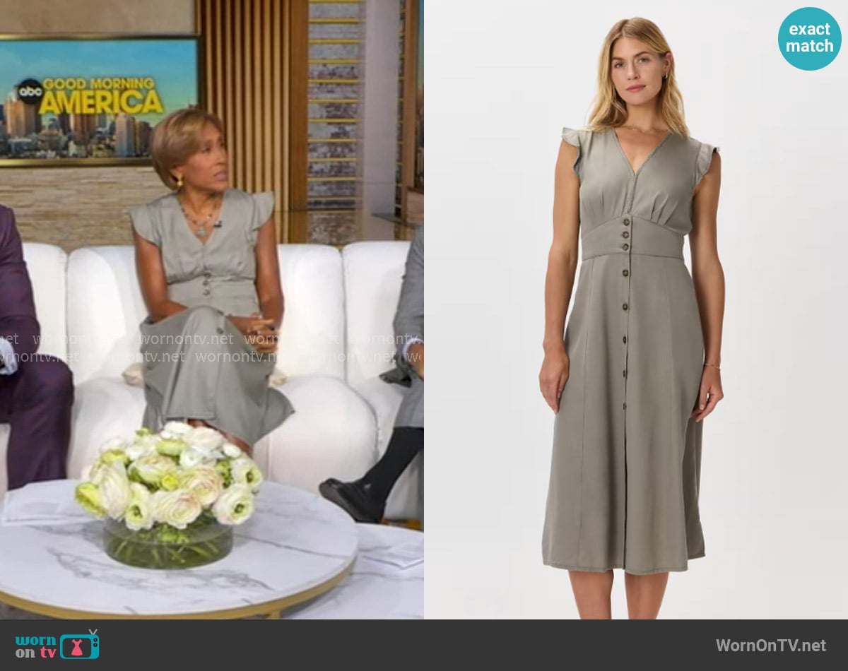 Quince Vintage Wash Tencel Button Front Midi Dress in Olive worn by Robin Roberts on Good Morning America Quince Vintage Wash Tencel Button Front Midi Dress in Olive worn by Robin Roberts on Good Morning America