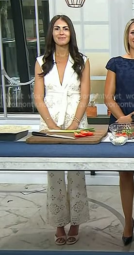 Rachel Mansfield’s white eyelet wrap top and pants on Today Rachel Mansfield’s white eyelet wrap top and pants on Today