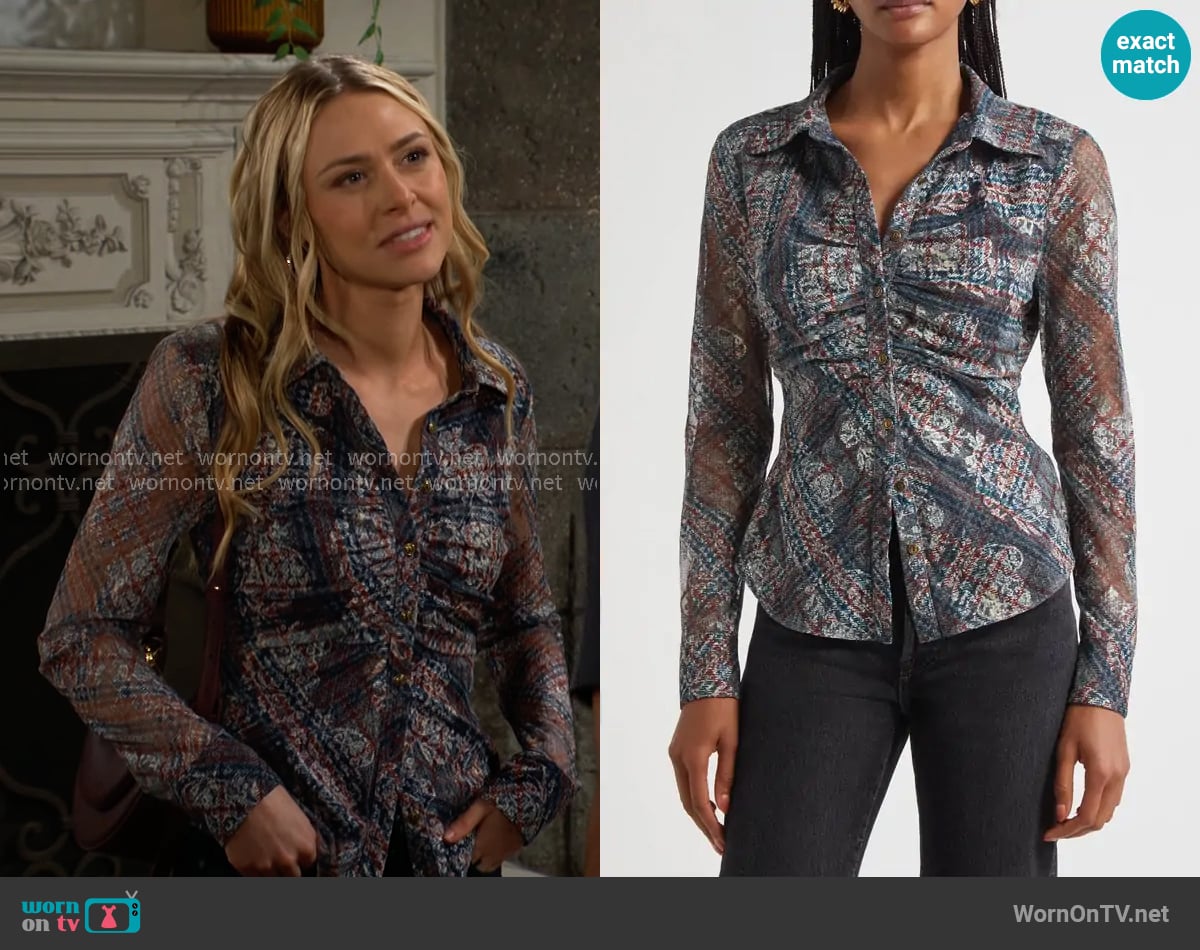 Ramy Brook Hamilton Top in Amber Multi worn by Claire Grace (Hayley Erin) on The Young and the Restless Ramy Brook Hamilton Top in Amber Multi worn by Claire Grace (Hayley Erin) on The Young and the Restless