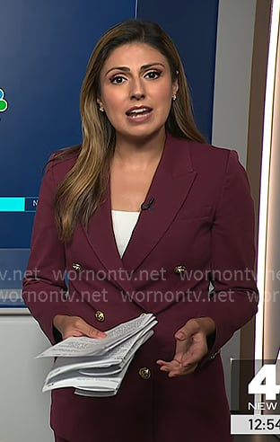 Rana Novini's burgundy double breasted blazer on NBC News Daily