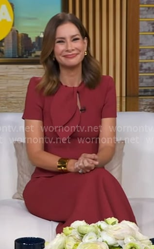 Rebecca's burgundy tie neck top and pencil skirt on Good Morning America