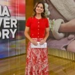 Rebecca’s printed skirt and cardigan on Good Morning America Rebecca’s printed skirt and cardigan on Good Morning America