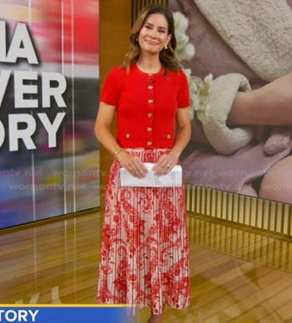 Rebecca's printed skirt and cardigan on Good Morning America