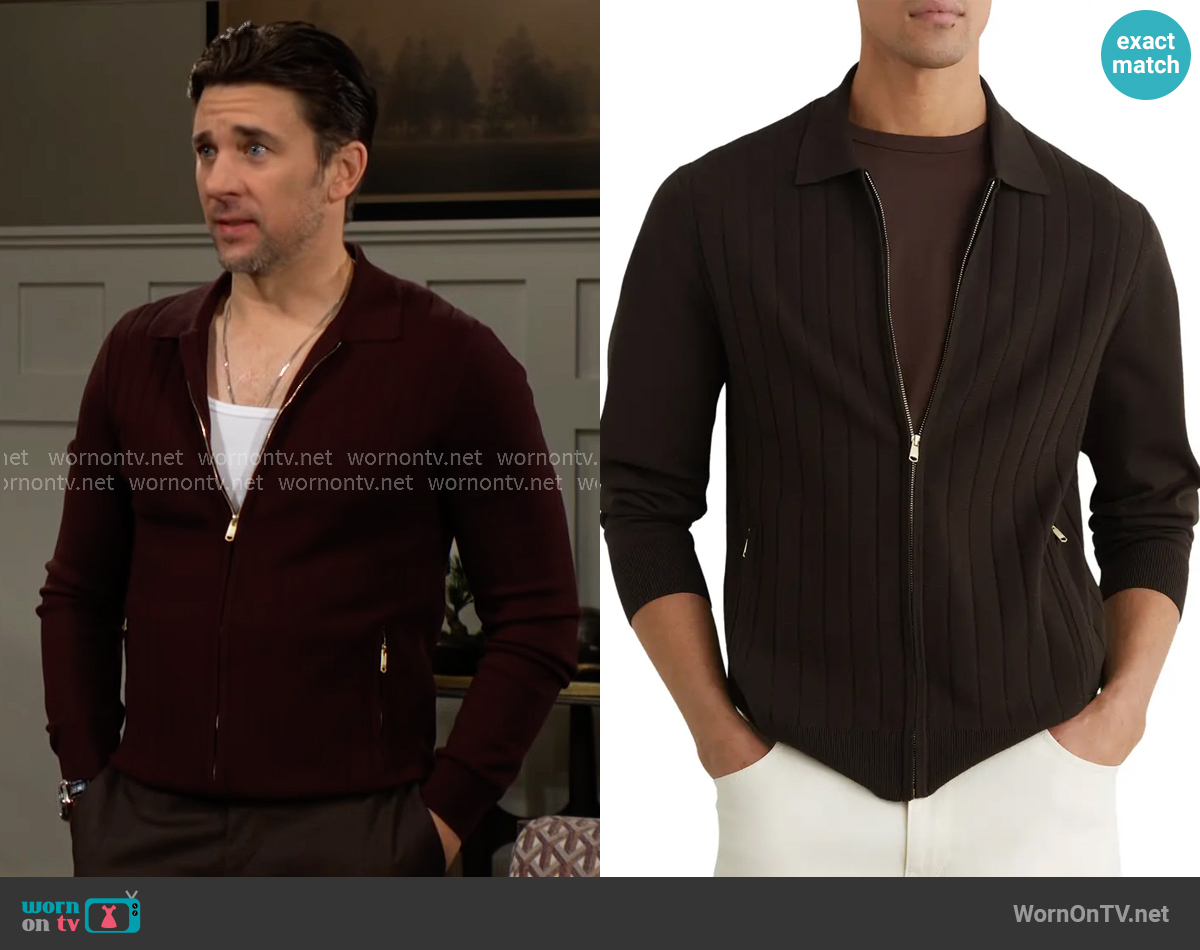 Reiss Marsh Wide Rib Zip Cardigan worn by Cane Ashby (Billy Flynn) on The Young and the Restless Reiss Marsh Wide Rib Zip Cardigan worn by Cane Ashby (Billy Flynn) on The Young and the Restless