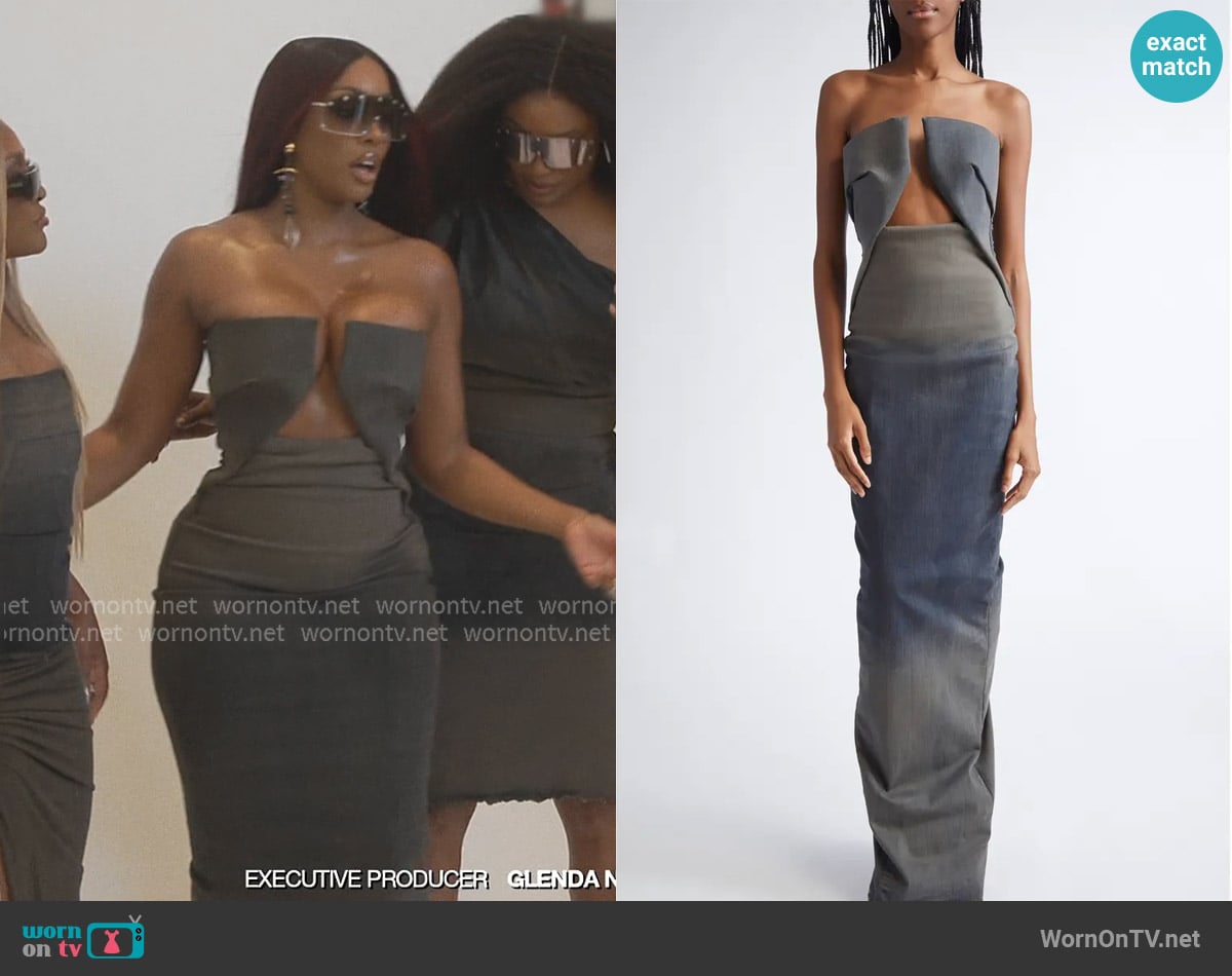 Rick Owens Abito Prong Strapless Gradient Denim Gown worn by Porsha Williams on The Real Housewives of Atlanta Rick Owens Abito Prong Strapless Gradient Denim Gown worn by Porsha Williams on The Real Housewives of Atlanta