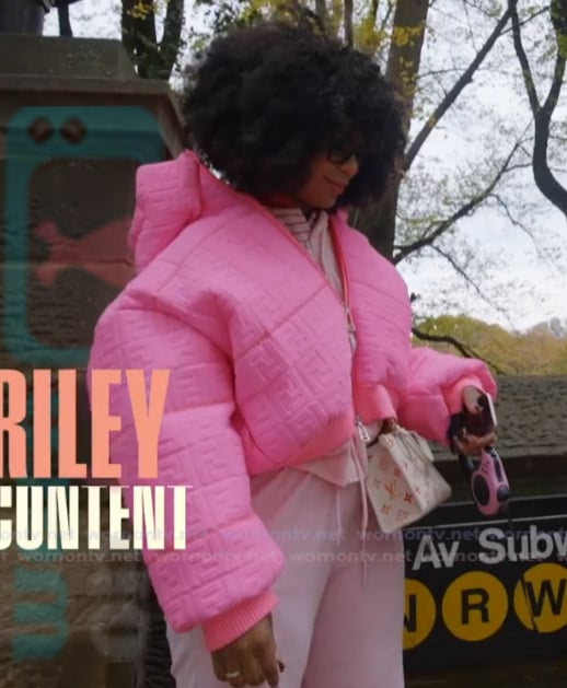 Riley’s pink monogram padded jacket on Next Gen NYC Riley’s pink monogram padded jacket on Next Gen NYC