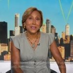 Robin’s grey ruffle shoulder midi dress on Good Morning America Robin’s grey ruffle shoulder midi dress on Good Morning America