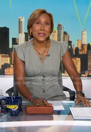 Robin’s grey ruffle shoulder midi dress on Good Morning America Robin’s grey ruffle shoulder midi dress on Good Morning America