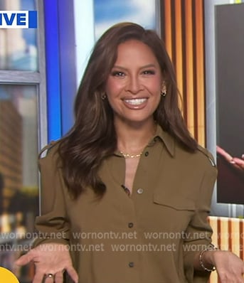 Rocsi’s olive green cropped button down shirt on Good Morning America
