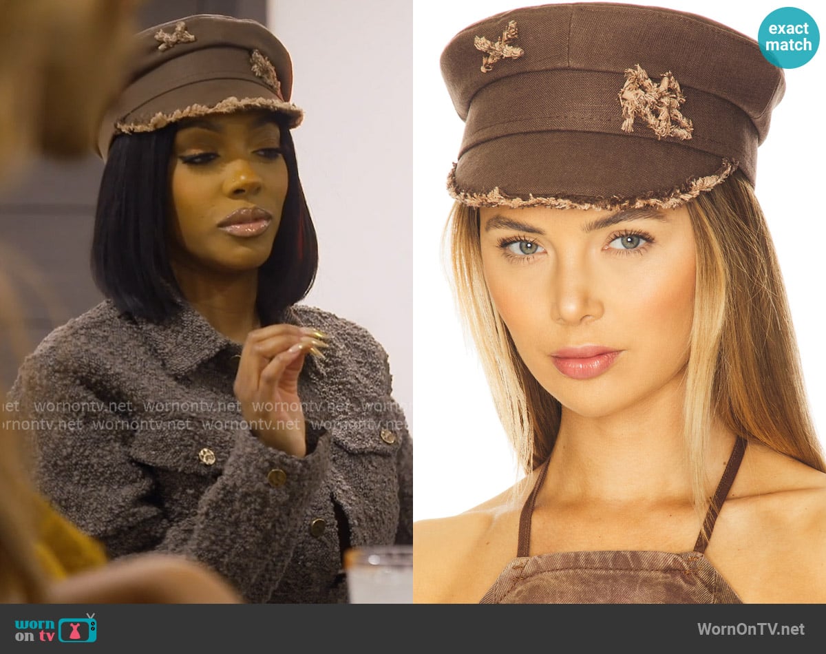 Ruslan Baginskiy Monogram-embellished Fringed Baker Boy Cap worn by Porsha Williams on The Real Housewives of Atlanta