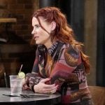 Sally’s abstract print shirt and skirt set on The Young and the Restless