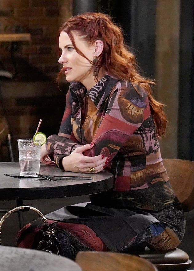 Sally’s abstract print shirt and skirt set on The Young and the Restless