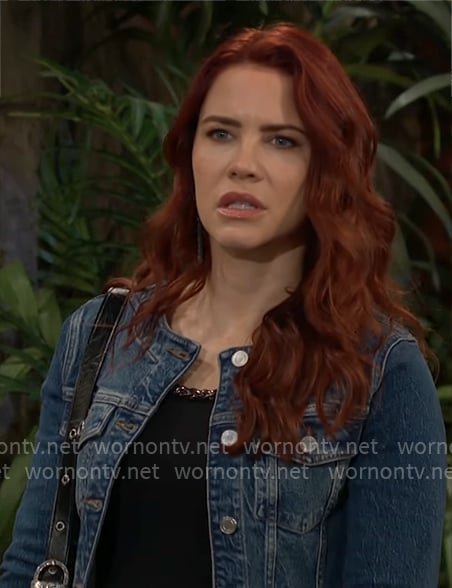 Sally’s black chain trim dress and denim jacket on The Young and the Restless