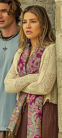 Sarah’s cream pointelle cardigan on Outer Banks