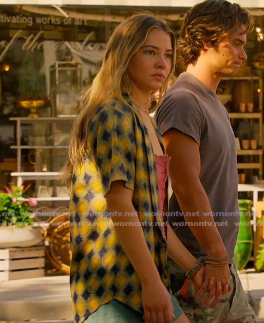 Sarah's yellow and blue check print shirt on Outer Banks