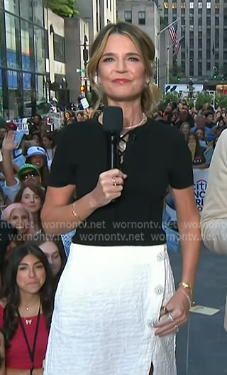 Savannah’s black lace-up top and white textured skirt on Today Savannah’s black lace-up top and white textured skirt on Today