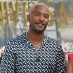 Scott's blue geometric print shirt on Access Hollywood