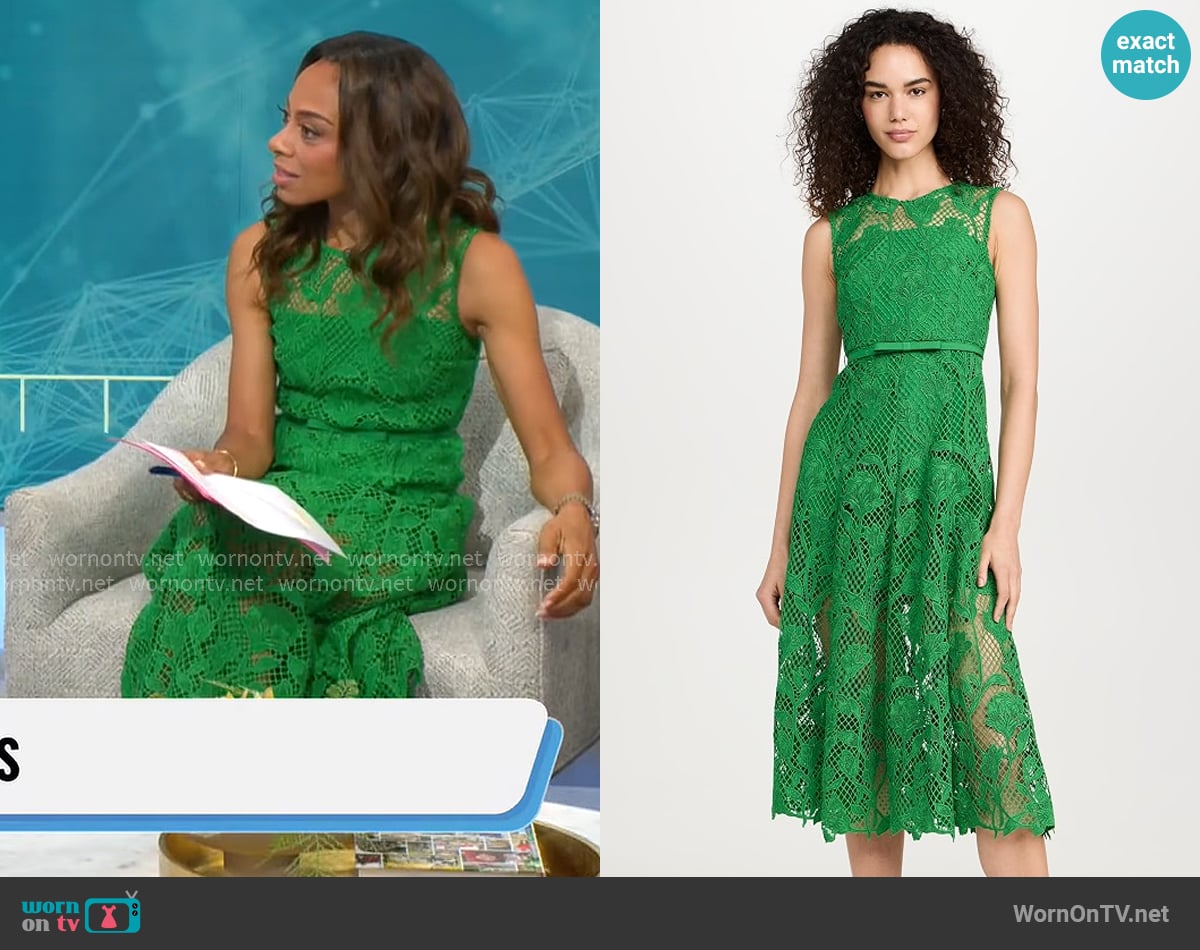 Self Portrait Green Lace Sleeveless Midi Dress worn by Nischelle Turner on CBS Mornings Self Portrait Green Lace Sleeveless Midi Dress worn by Nischelle Turner on CBS Mornings