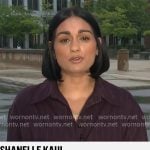 Shanelle Kaul’s dark purple pinstripe shirt on CBS Mornings Shanelle Kaul’s dark purple pinstripe shirt on CBS Mornings
