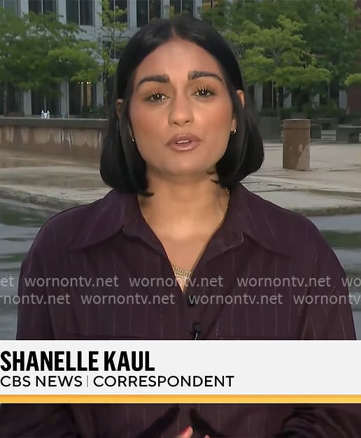 Shanelle Kaul’s dark purple pinstripe shirt on CBS Mornings Shanelle Kaul’s dark purple pinstripe shirt on CBS Mornings
