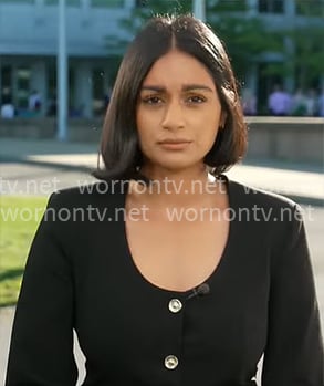 Shanelle Kraul’s black scoop neck jacket on CBS Mornings