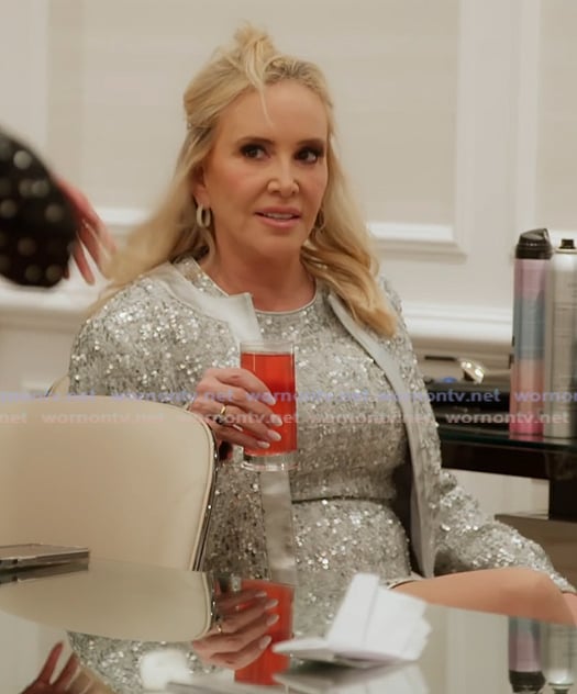 Shannon’s silver sequin dress and jacket on The Real Housewives of Orange County Shannon’s silver sequin dress and jacket on The Real Housewives of Orange County