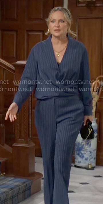 Sharon’s blue pinstripe wrap top and pants set on The Young and the Restless Sharon’s blue pinstripe wrap top and pants set on The Young and the Restless