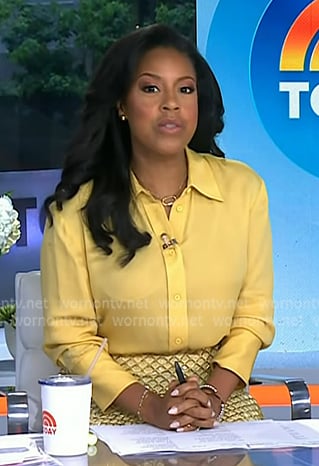 Sheinelle’s yellow shirt and metallic embellished skirt on Today Sheinelle’s yellow shirt and metallic embellished skirt on Today