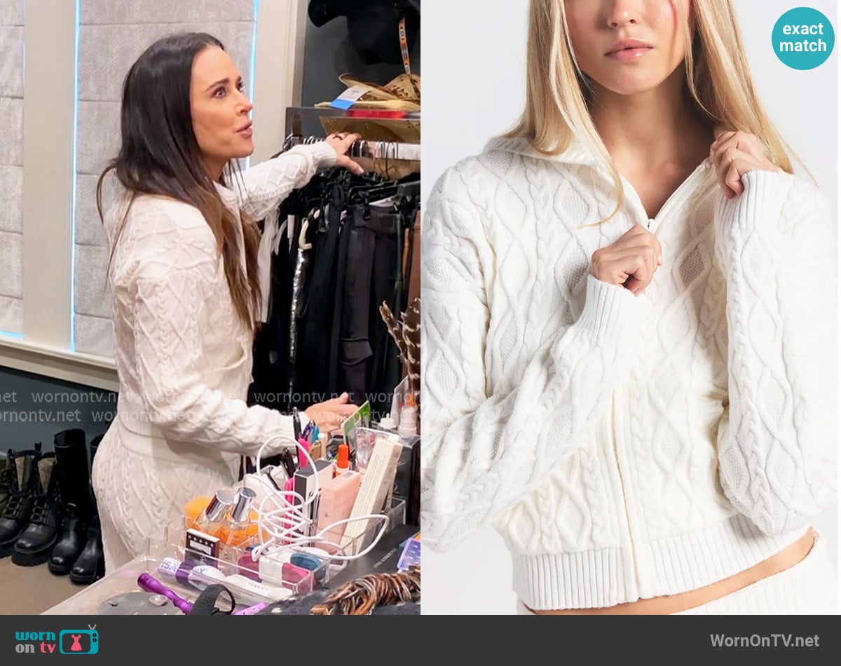 Skims Sweater Knit Shrunken Zip-Up Hoodie worn by Kyle Richards on The Real Housewives Ultimate Girls Trip