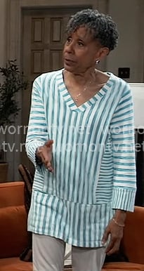Stella’s blue striped tunic top on General Hospital Stella’s blue striped tunic top on General Hospital