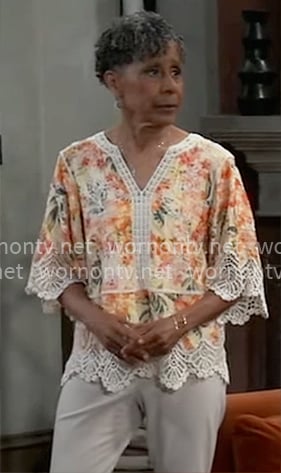 Stella’s floral top with crochet trims on General Hospital
