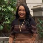 Stephanie’s black and beige striped dress on The Young and the Restless Stephanie’s black and beige striped dress on The Young and the Restless