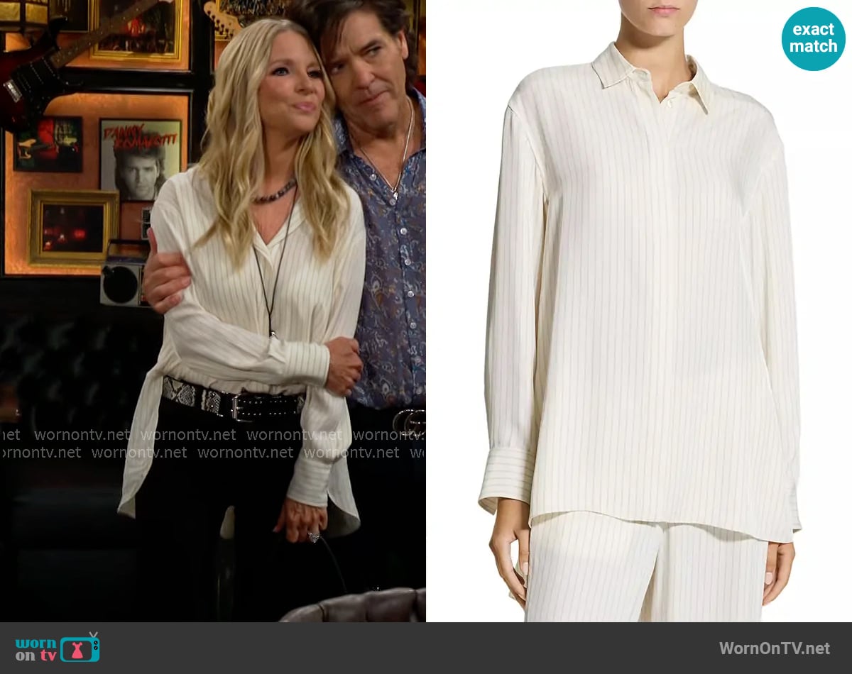 Theory Hi Low Flou Shirt in Rice Multi worn by Christine Blair Williams (Lauralee Bell) on The Young and the Restless Theory Hi Low Flou Shirt in Rice Multi worn by Christine Blair Williams (Lauralee Bell) on The Young and the Restless