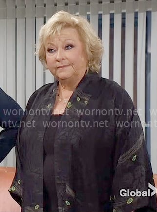 Traci’s black feather print kimono on The Young and the Restless Traci’s black feather print kimono on The Young and the Restless