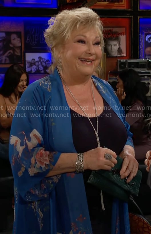 Traci’s blue crane print kimono on The Young and the Restless Traci’s blue crane print kimono on The Young and the Restless