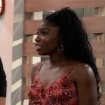 Trina’s red geometric print dress on General Hospital Trina’s red geometric print dress on General Hospital