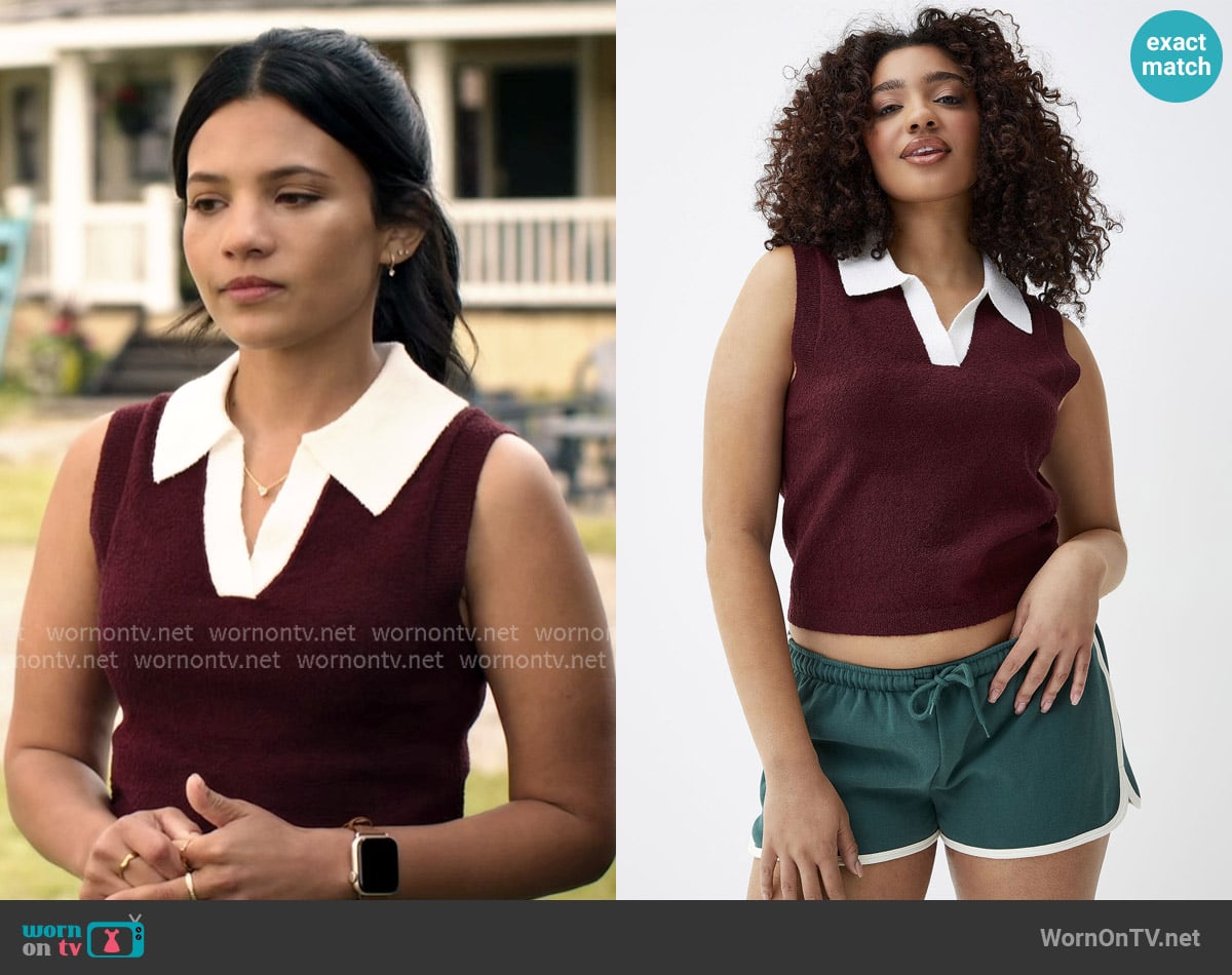 Twik Johnny-collar Sleeveless Sweater Sports Club In Burgundy worn by Jackie Howard (Nikki Rodriguez) on My Life with the Walter Boys Twik Johnny-collar Sleeveless Sweater Sports Club In Burgundy worn by Jackie Howard (Nikki Rodriguez) on My Life with the Walter Boys