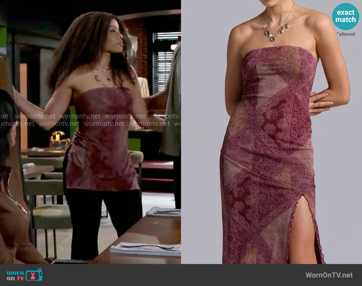 Urban Outfitters Samara Mesh Strapless Midi Dress in Burgundy Print worn by Eva Thomas (Ambyr Michelle) on Beyond the Gates