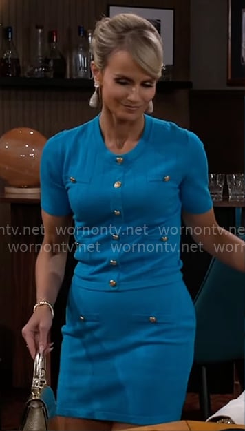 Vanessa’s bright blue knit top and skirt set on Beyond the Gates Vanessa’s bright blue knit top and skirt set on Beyond the Gates