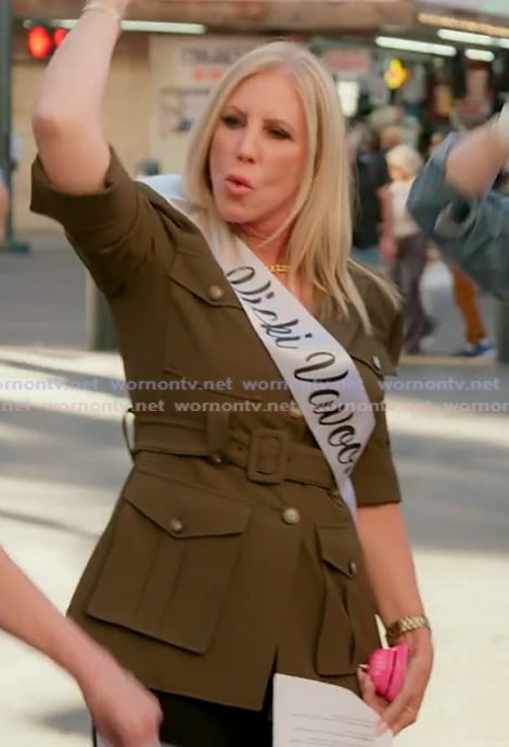 Vicki's khaki belted jacket on The Real Housewives of Orange County