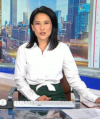 Vicky’s white tie front shirt and green leather skirt on NBC News Daily