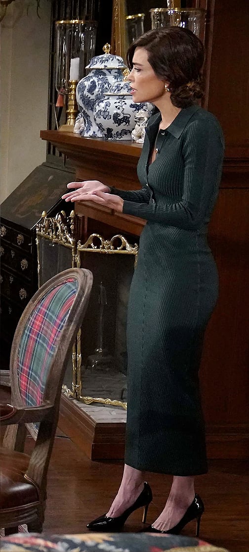 Victoria’s dark green rib knit dress with gold buttons on The Young and the Restless